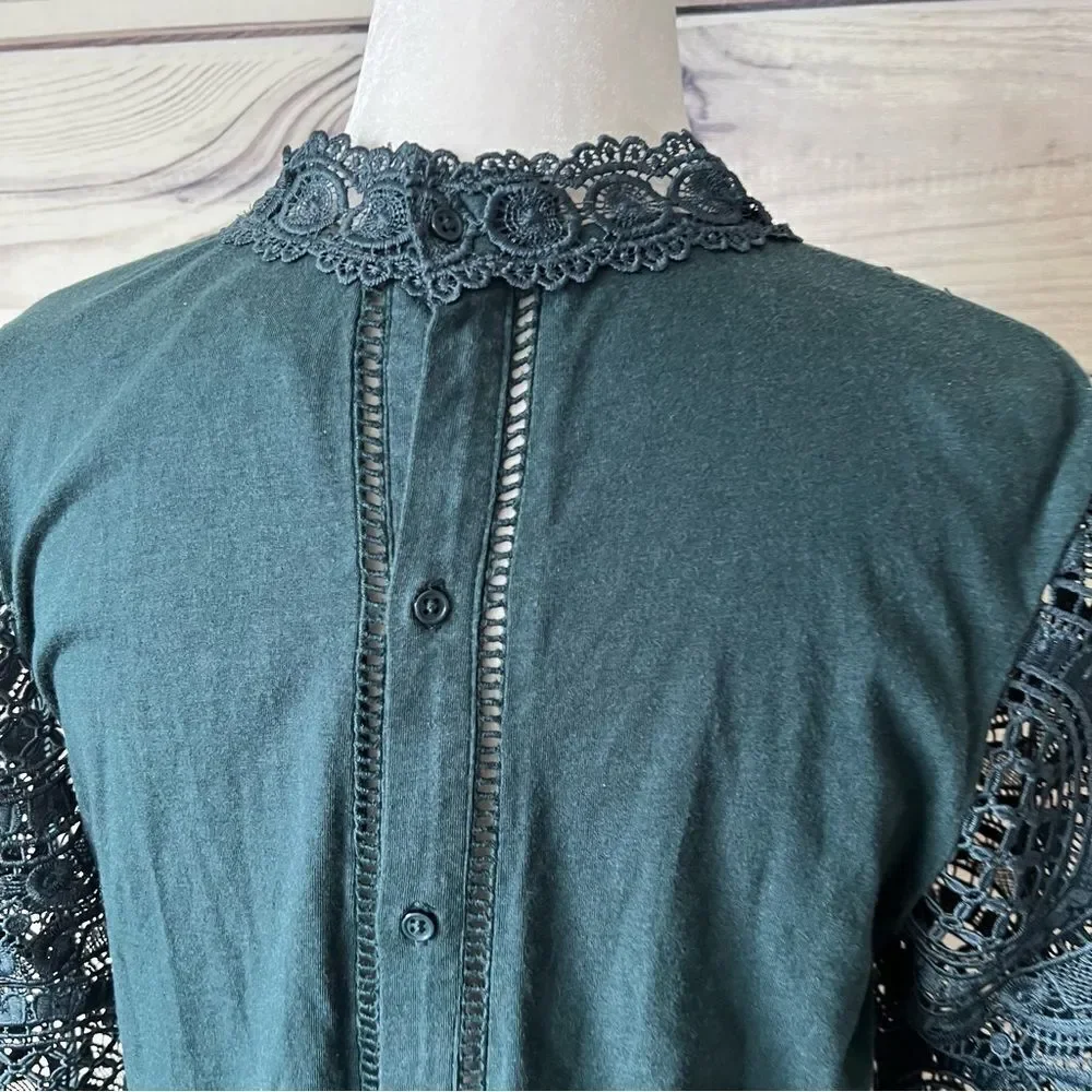 James Coviello Anthropologie Green Teal Crochet Lace Blouse